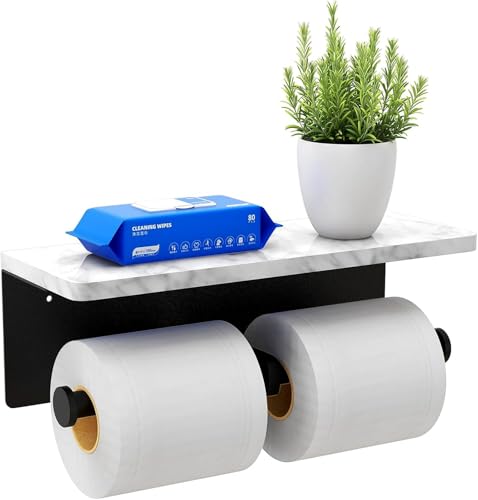 Nodafuer Toilet Paper Holder with Natural Marble Shelf for Bathroom Washroom,Wall Mounted Tissue Holder Suitable for Mega Roll (Matte Black, Large 11.8 * 4.7) - Image 1
