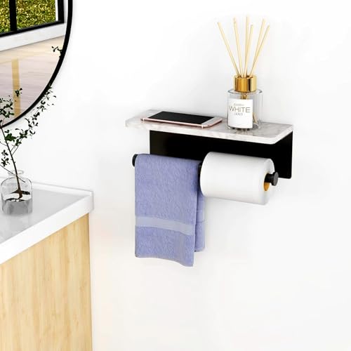 Nodafuer Toilet Paper Holder with Natural Marble Shelf for Bathroom Washroom,Wall Mounted Tissue Holder Suitable for Mega Roll (Matte Black, Large 11.8 * 4.7) - Image 3