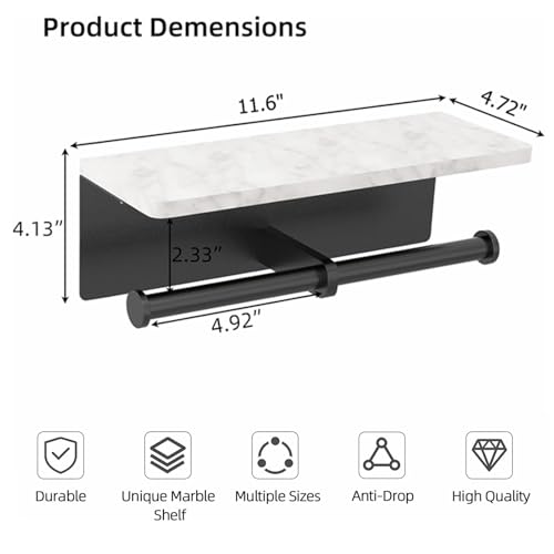 Nodafuer Toilet Paper Holder with Natural Marble Shelf for Bathroom Washroom,Wall Mounted Tissue Holder Suitable for Mega Roll (Matte Black, Large 11.8 * 4.7) - Image 4