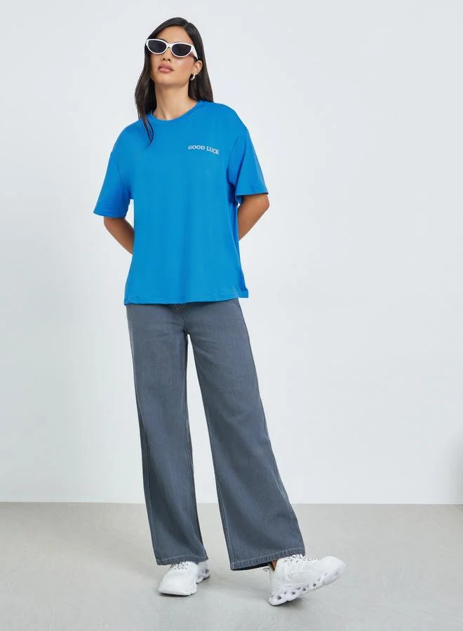 Styli Blue Slogan Print Oversized Round Neck T-Shirt