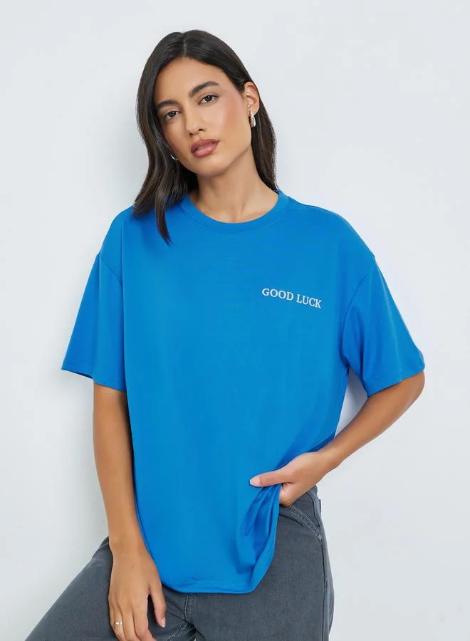 Styli Blue Slogan Print Oversized Round Neck T-Shirt