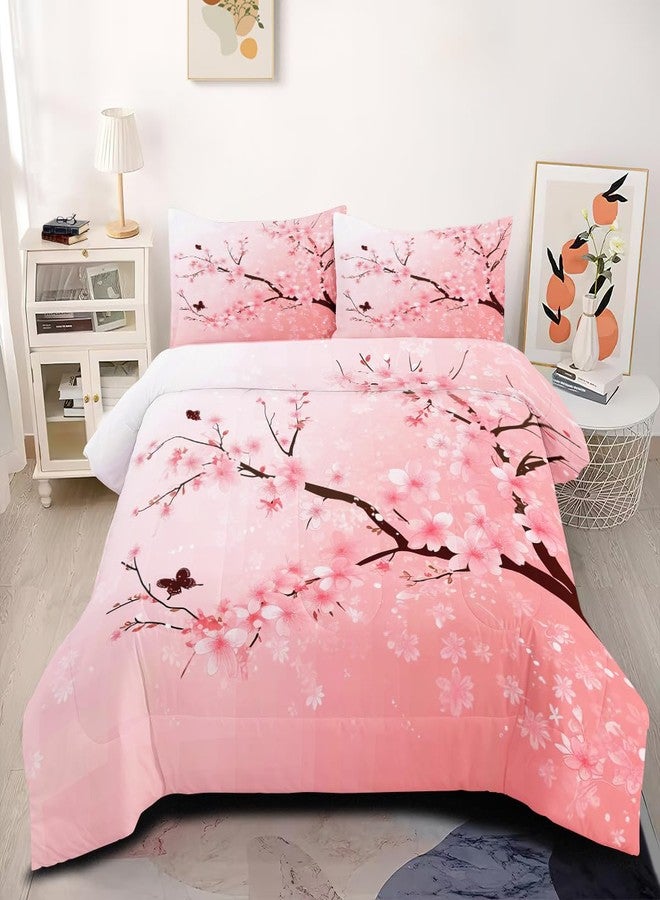 CCoutueChen Cherry Blossom Comforter Set,Pink Floral Bedding Set Queen Size,Japanese Decor Comforter for Girls,Butterfly Design Down Alternative Comforter for All Season - Image 3