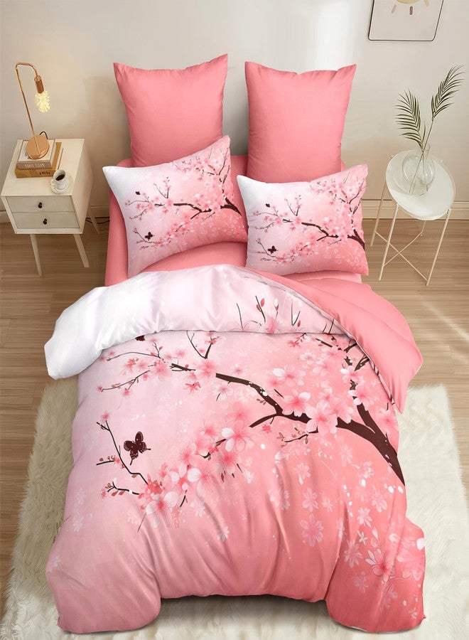 CCoutueChen Cherry Blossom Comforter Set,Pink Floral Bedding Set Queen Size,Japanese Decor Comforter for Girls,Butterfly Design Down Alternative Comforter for All Season - Image 1