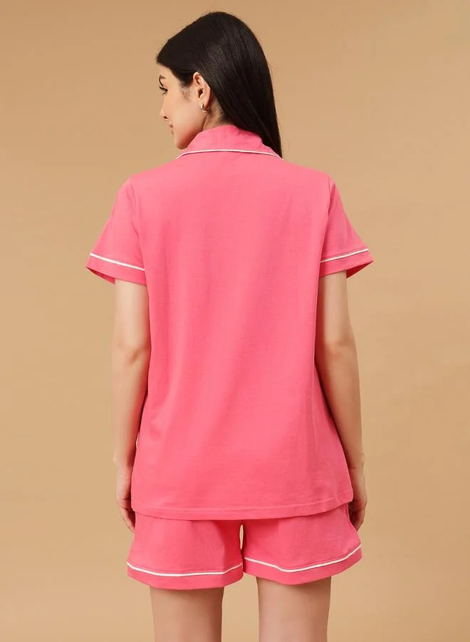 Clovia Solid Buttoned Shirt and Shorts Set - Cotton