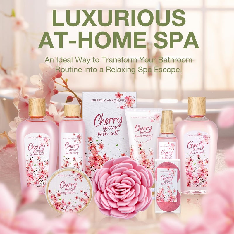 Green Canyon Spa سلال هدايا السبا للنساء مجموعة هدايا عمل الحمام والجسم برائحة زهر الكرز مع حمام فقاعات، لوشن الجسم هدايا السبا للنساء هدايا عيد الحب للأم - Image 2