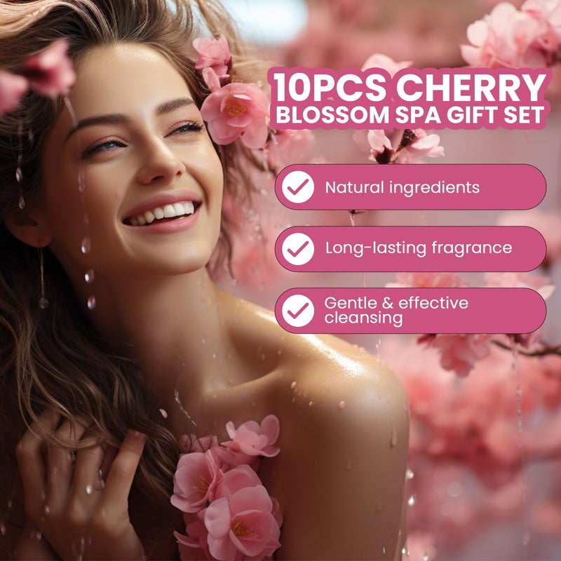 Green Canyon Spa سلال هدايا السبا للنساء مجموعة هدايا عمل الحمام والجسم برائحة زهر الكرز مع حمام فقاعات، لوشن الجسم هدايا السبا للنساء هدايا عيد الحب للأم - Image 5