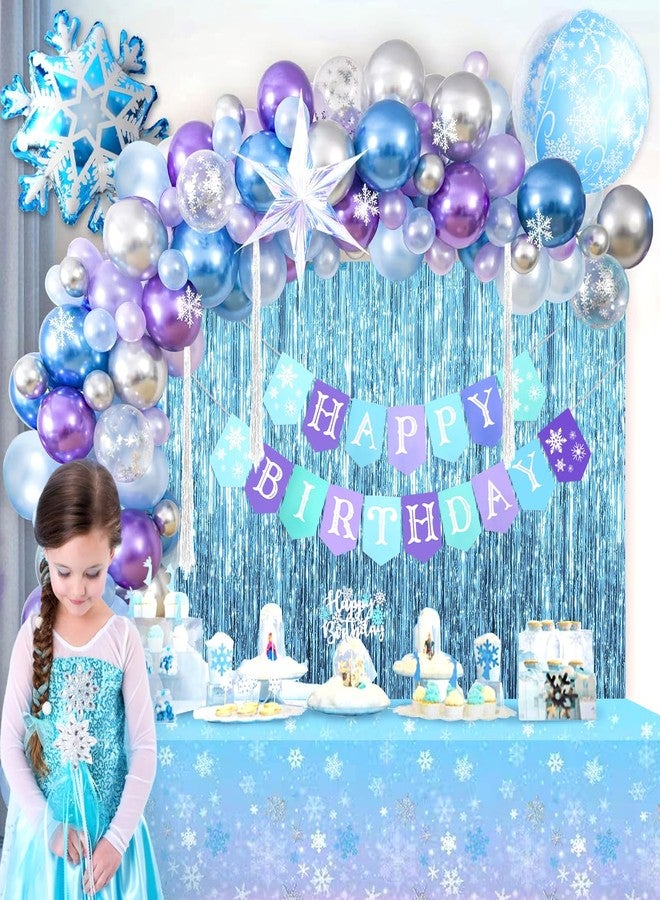 BAHABY 55 Pcs Frozen Birthday Party Decorations Frozen Party Supplies, Snowflake Happy Birthday Banner + Table Cover + Tinsel Foil Fringe + Cake Topper + Balloons - Image 5