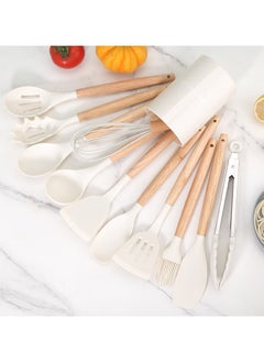 ALBERTO 12 Piece Kitchen Cooking Wooden Handle Non-stick Cookware Set, Kitchen Utensil Set White  - Image 1