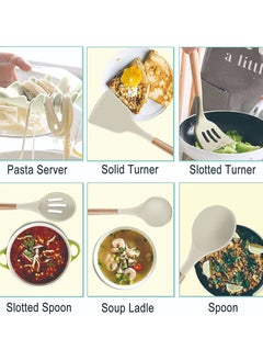 ALBERTO 12 Piece Kitchen Cooking Wooden Handle Non-stick Cookware Set, Kitchen Utensil Set White  - Image 4