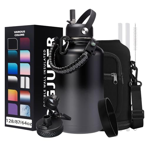 Half Gallon Insulated Water Bottle  with Straw  Spout Lid Paracord Handle  Carrier Bag Protective Cup Mat 64oz Vacuum Stainless Steel Water Bottle Metal Vacuum Flasks Keep Cold 48h Hot 24h