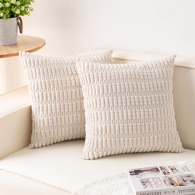 Aegero Pack of 2 Corduroy Decorative Throw Pillow Covers 22x22 Inch Soft Striped Pillow Covers Modern Farmhouse Home Decor for Sofa Living Room Couch Bedï¼ˆCream Whiteï¼‰ - Image 1