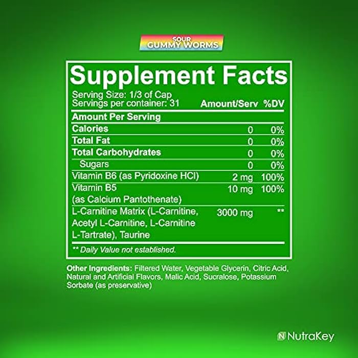 NutraKey L-Carnitine 3000mg, No Sugar, Gluten Free, Turn Into Fuel, (Sour Gummy Worms) 31 Servings - Image 2