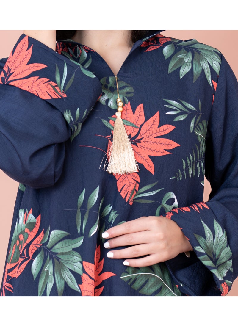 IKKXA - Maghrebi Leaf Hooded Jalabiya IN1033 Blue - Image 1
