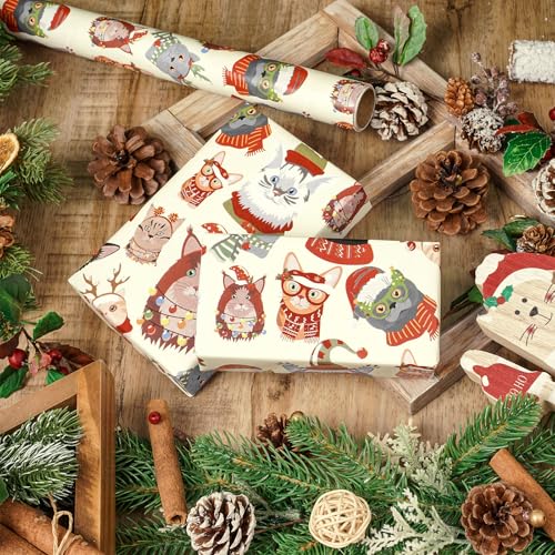 LeZakaa Cat Christmas Wrapping Paper Roll Holiday Cats in Santa Hats and Scarves Xmas Design for for Cat Lovers Pet Owners Holiday Party Kid Gift Wrap Mini Roll 17 in x 164 Feet - Image 3