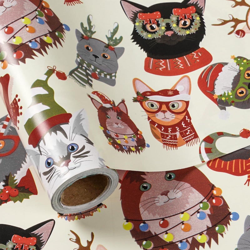 LeZakaa Cat Christmas Wrapping Paper Roll Holiday Cats in Santa Hats and Scarves Xmas Design for for Cat Lovers Pet Owners Holiday Party Kid Gift Wrap Mini Roll 17 in x 164 Feet - Image 2