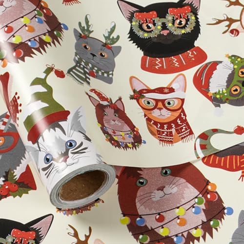 LeZakaa Cat Christmas Wrapping Paper Roll Holiday Cats in Santa Hats and Scarves Xmas Design for for Cat Lovers Pet Owners Holiday Party Kid Gift Wrap Mini Roll 17 in x 164 Feet - Image 1