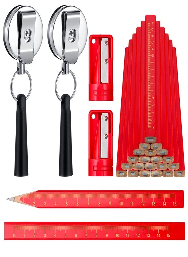 Honoson 24 Pieces Carpenter Pencils 7 Inches Octagonal Hard Black Construction Flat Pencils with Retractable Pen Holder and Sharpener for Woodworking Marking(Red Cover, Black Refill) - Image 1
