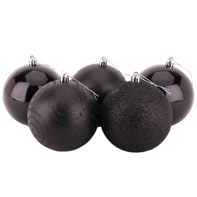 PACK OF 5100MM 4 LARGE BAUBLES SHINY MATTE GLITTER DESIGN CHRISTMAS DECORATIONS BLACK