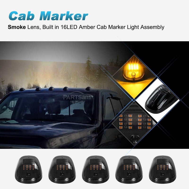 Partsam 5pcs Smoke Cab Light 16LED Amber Top Roof Running Cab Marker Lights Assembly Compatible with Dodge Ram 1500 2500 3500 4500 5500 2003-2018 Pickup Trucks - Image 3