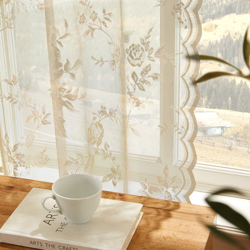SEEKRIGHT Beige Lace Sheer Curtains 63 Inch Length Country Floral Curtains for Living Room Bedroom Victorian Flower Curtain 2 Panels Set Rod Pocket Light Filtering Window Drapes Rustic Decor, 52x63 - Image 5