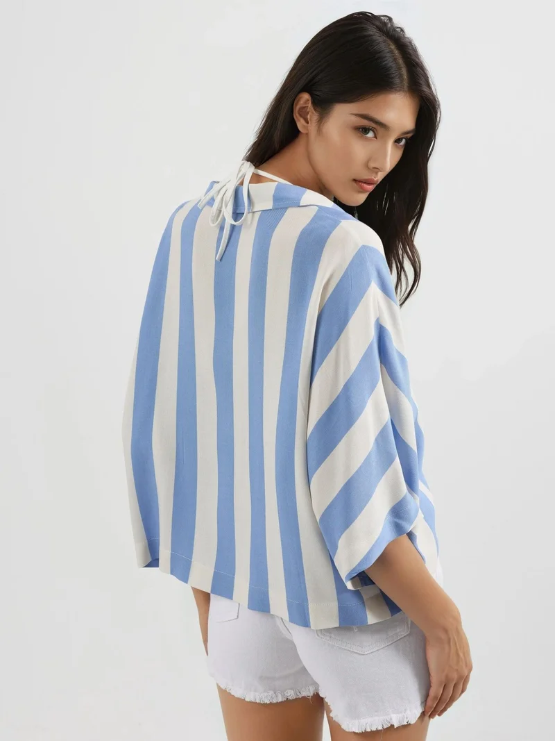 Busem Baby Blue BUSEM Relaxed Fit Striped Button-Up Shirt for Women | Best Price UAE