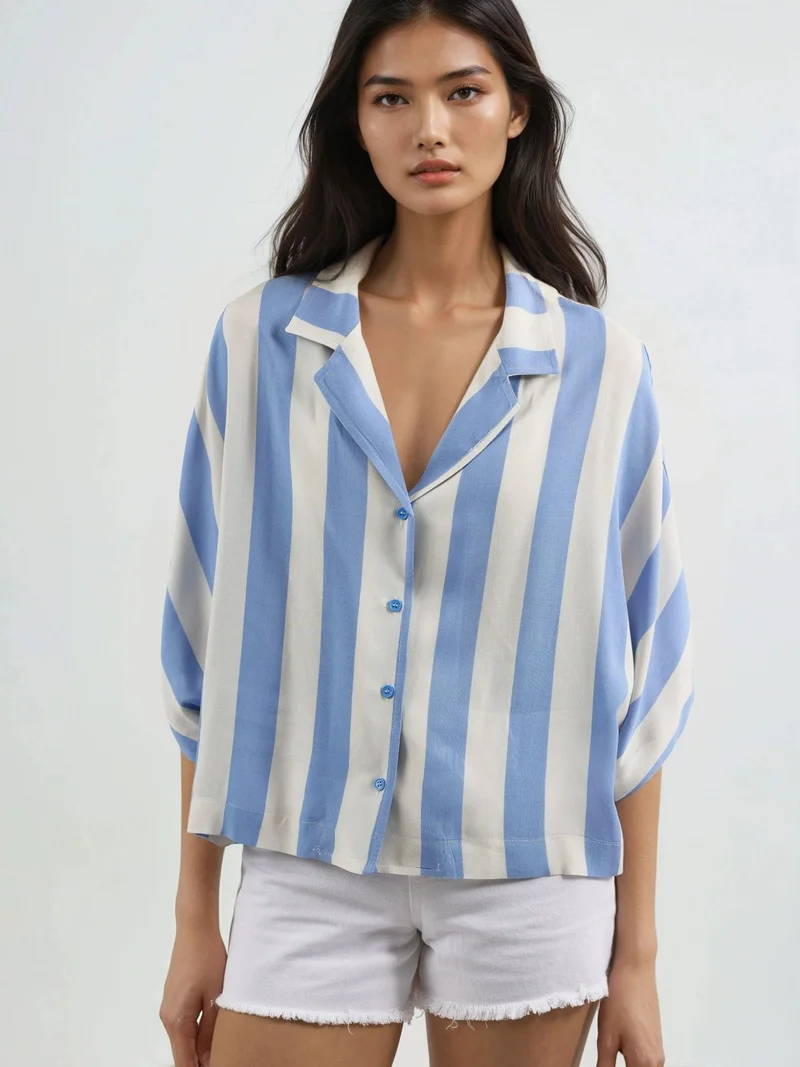 Busem Baby Blue BUSEM Relaxed Fit Striped Button-Up Shirt for Women | Best Price UAE
