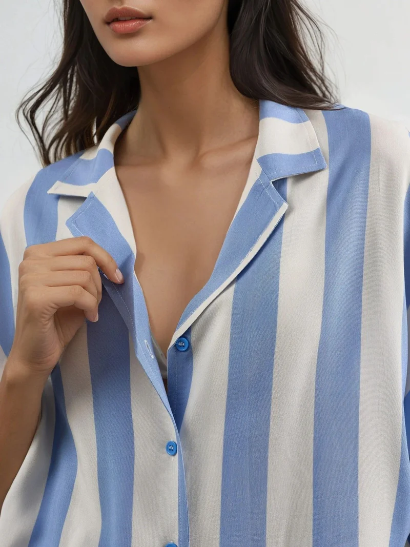 Busem Baby Blue BUSEM Relaxed Fit Striped Button-Up Shirt for Women | Best Price UAE