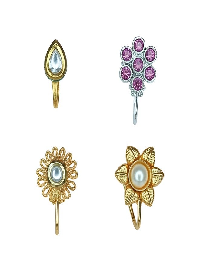JWELLA Set of 4 Silver & Gold Plated Floral Kundan Nose Pins for Women and Girls, Elegant Traditional Nosepin Jewellery with Floral Design, Lightweight Nose Ring - Image 1