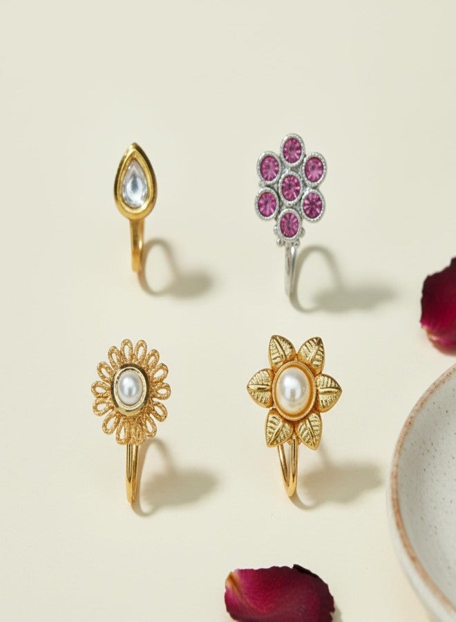 JWELLA Set of 4 Silver & Gold Plated Floral Kundan Nose Pins for Women and Girls, Elegant Traditional Nosepin Jewellery with Floral Design, Lightweight Nose Ring - Image 2