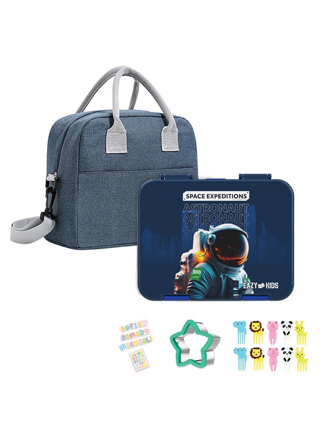 Eazy Kids - Eazy Kids 6 & 4 Convertible Bento Lunch Box with Lunch Bag and Sandwich Cutter Set - Space KSA Blue - Image 1