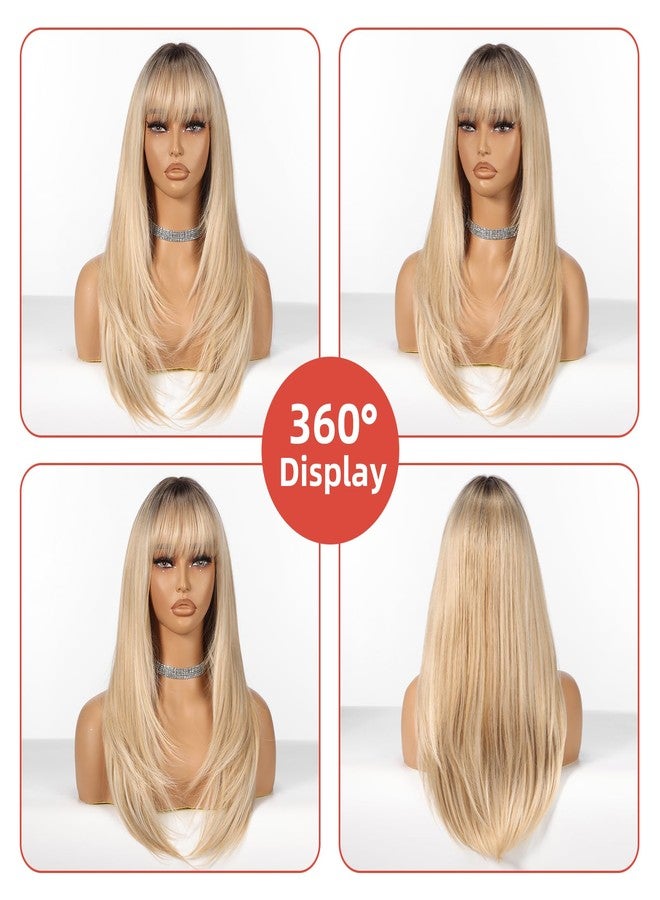 Allbell Ombre Blonde Wigs for Women Long Straight layered Wig With Bangs 22 inch Natural Looking Wig Synthetic Heat Resistant Fiber for Daily Party Use - Image 5