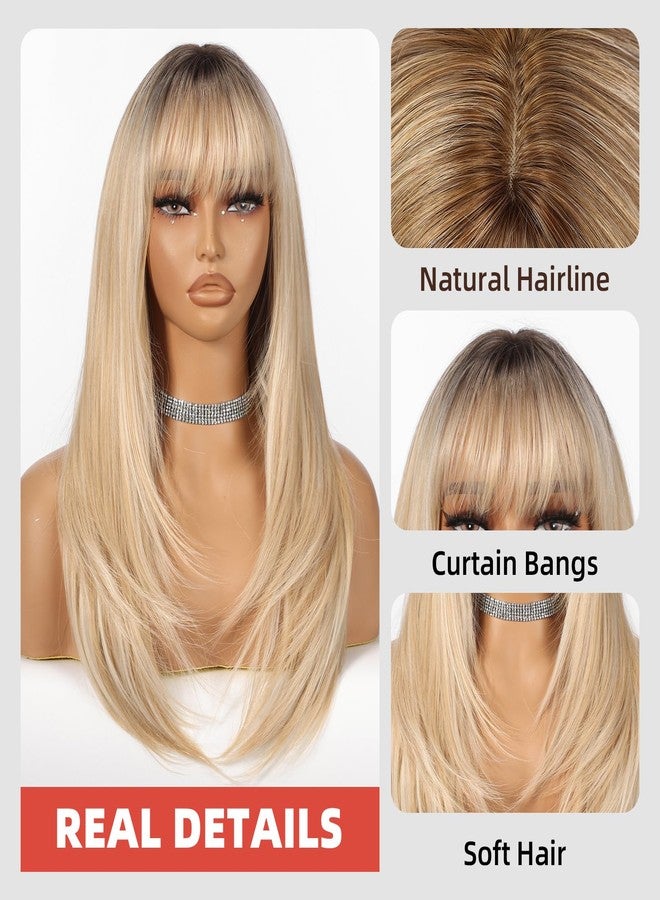 Allbell Ombre Blonde Wigs for Women Long Straight layered Wig With Bangs 22 inch Natural Looking Wig Synthetic Heat Resistant Fiber for Daily Party Use - Image 3