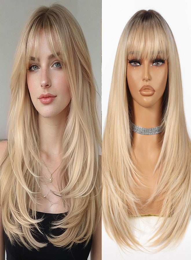 Allbell Ombre Blonde Wigs for Women Long Straight layered Wig With Bangs 22 inch Natural Looking Wig Synthetic Heat Resistant Fiber for Daily Party Use - Image 1