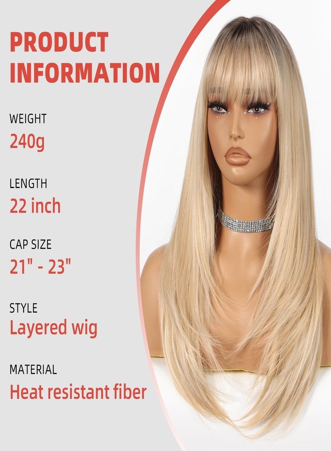 Allbell Ombre Blonde Wigs for Women Long Straight layered Wig With Bangs 22 inch Natural Looking Wig Synthetic Heat Resistant Fiber for Daily Party Use - Image 2