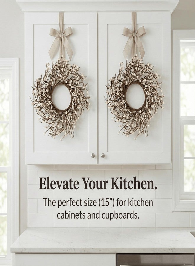 Quixem 15" Cream Pip Berry Mini Wreath (4.5" Inner Dia), Rustic Ivory Artificial Wreath Ring for 3" Pillars, Small Farmhouse Kitchen Cabinet Decor, Wedding Centerpiece - Image 3
