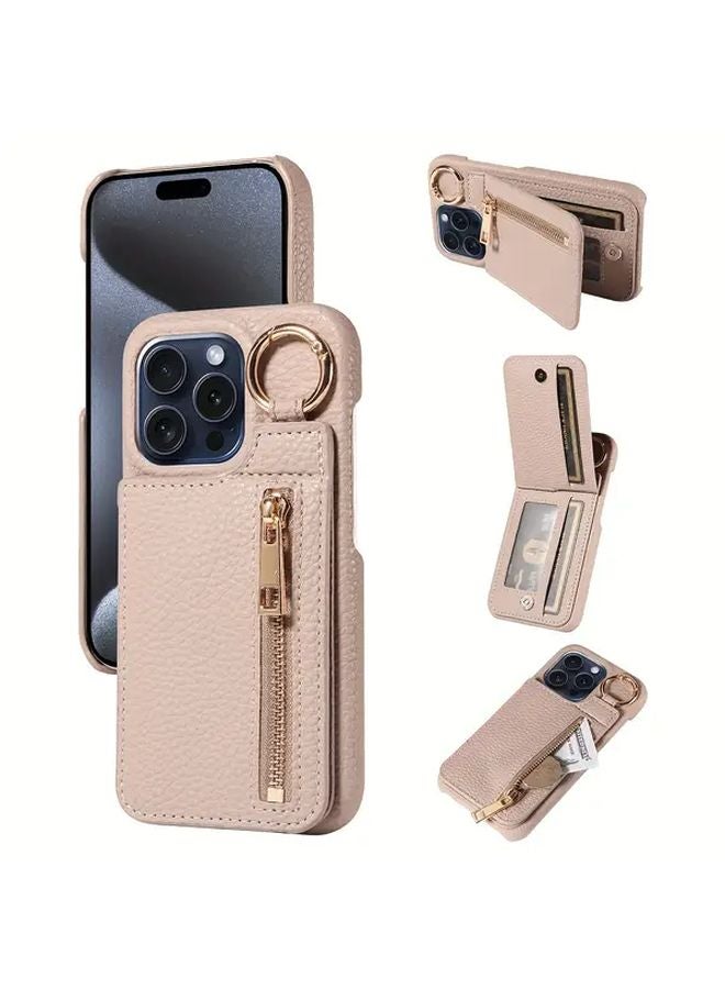 Rose Golden Faux Leather Flip Zipper Protective Case for iPhone 13 Pro - Image 2