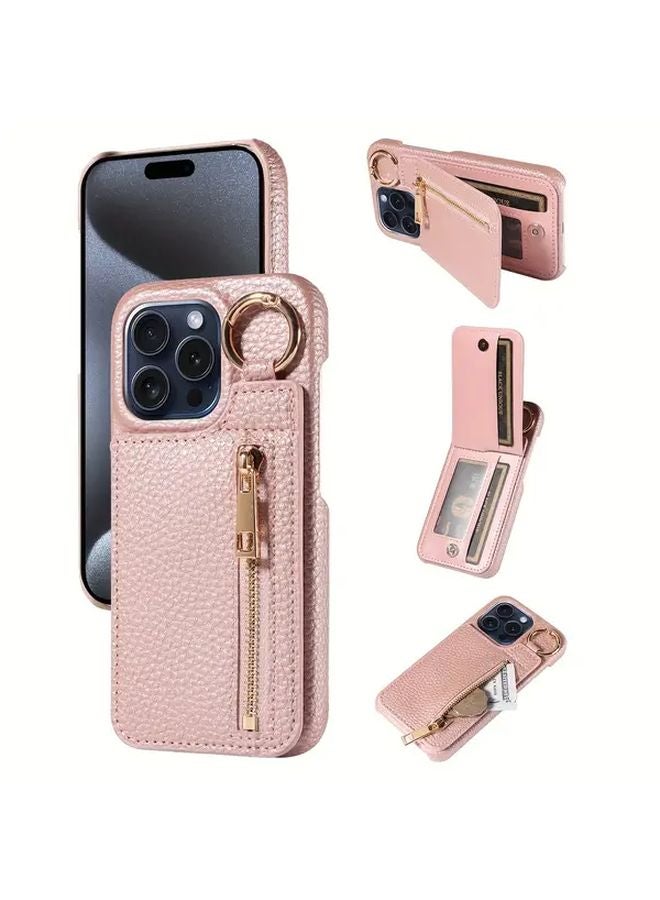 Rose Golden Faux Leather Flip Zipper Protective Case for iPhone 13 Pro - Image 1