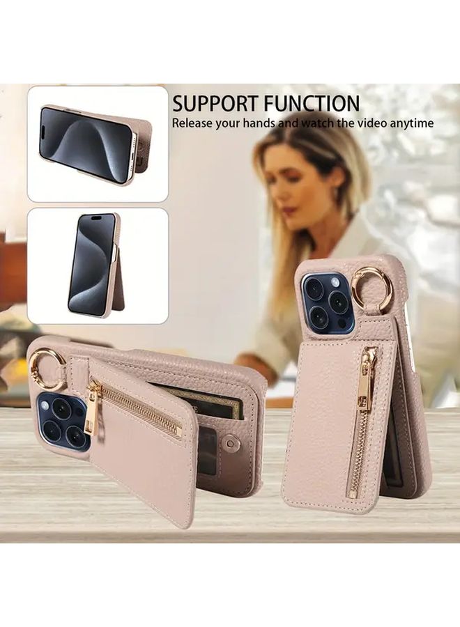 Rose Golden Faux Leather Flip Zipper Protective Case for iPhone 13 Pro - Image 3