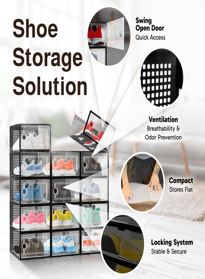 Reli. Shoe Boxes (14 Pack) | Clear Shoe Storage Boxes Stackable and Compact | Lightweight Plastic Storage Box with Ventilation Holes, Swing Door | Interlocking Containers, Stackable Rack | Black - Image 5