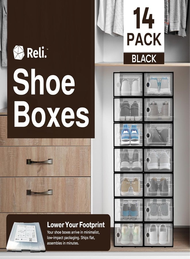Reli. Shoe Boxes (14 Pack) | Clear Shoe Storage Boxes Stackable and Compact | Lightweight Plastic Storage Box with Ventilation Holes, Swing Door | Interlocking Containers, Stackable Rack | Black - Image 2