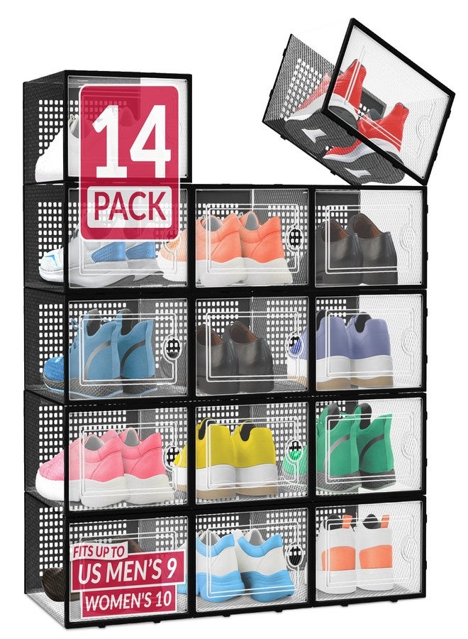 Reli. Shoe Boxes (14 Pack) | Clear Shoe Storage Boxes Stackable and Compact | Lightweight Plastic Storage Box with Ventilation Holes, Swing Door | Interlocking Containers, Stackable Rack | Black - Image 1