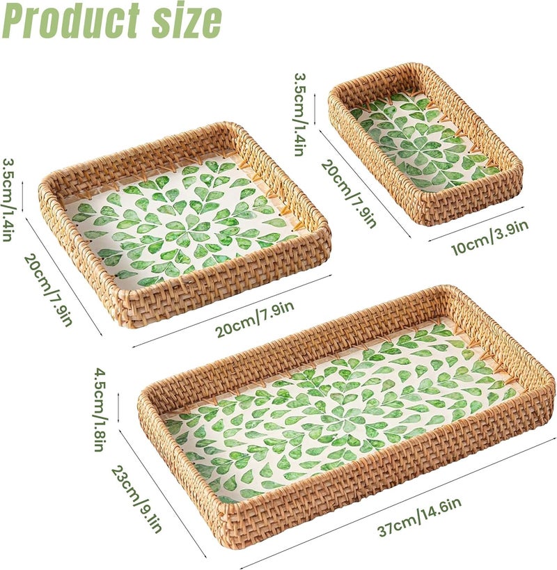 Dachsy Set of 3 Rectangle Rattan Serving Trays with Mother of Pearl Inlay â€“ Hand-Woven Wicker Trays for Coffee Table, Bathroom, Kitchen Counter or Entryway, Boho Coastal Decor, Checkered Design - Image 2