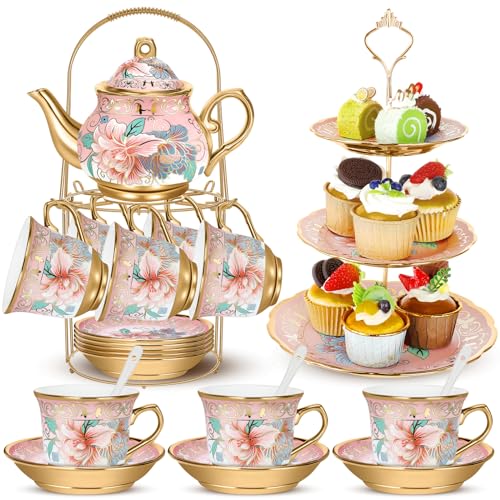 Suttmin 21pcs Porcelain Teapot Parties Set with Metal Holder and Cupcake Stand Ceramic Tea Pot Cups Saucers Cupcake Tier Tower for Women Girls European Parties Weddings GiftsPinkSpring
