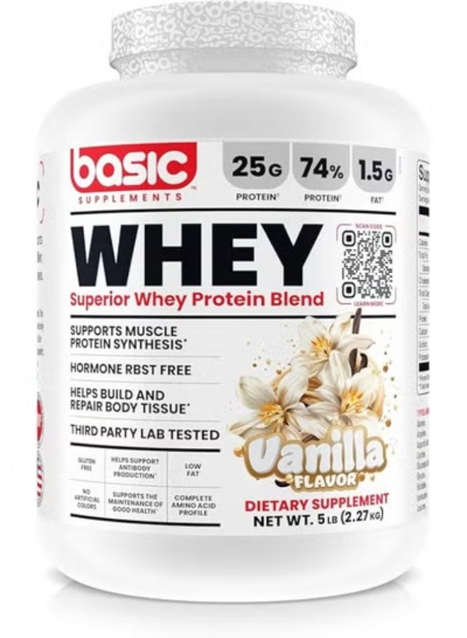Basic Supplement Whey Protein Powder, 25g Protein, Complete Amino Acid Profile, Gluten-Free, Low Fat, RBST-Free, Supports Muscle Recovery & Antibody Health (5LB, Vanilla) - Image 1