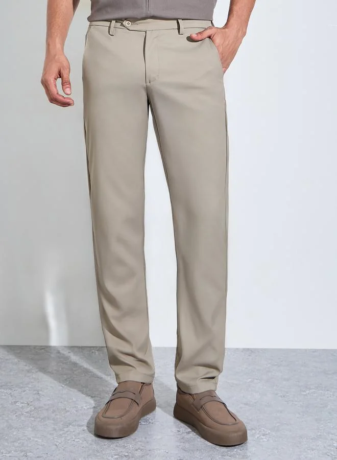 Khaki Solid Slim Fit Stretch Formal Trousers