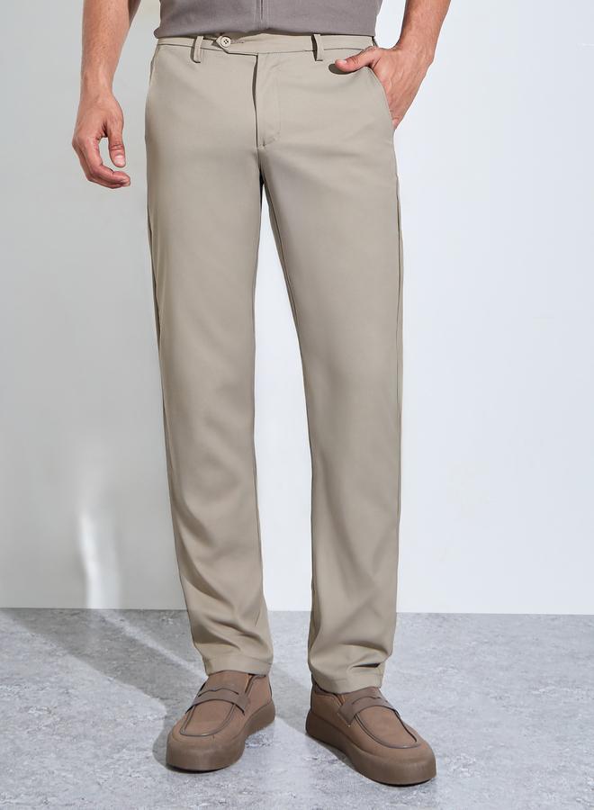 Styli Khaki Solid Slim Fit Stretch Formal Trousers - Image 1
