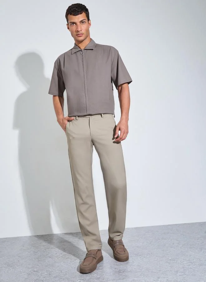 Styli  Khaki Solid Slim Fit Stretch Formal Trousers for Men | Best Price UAE