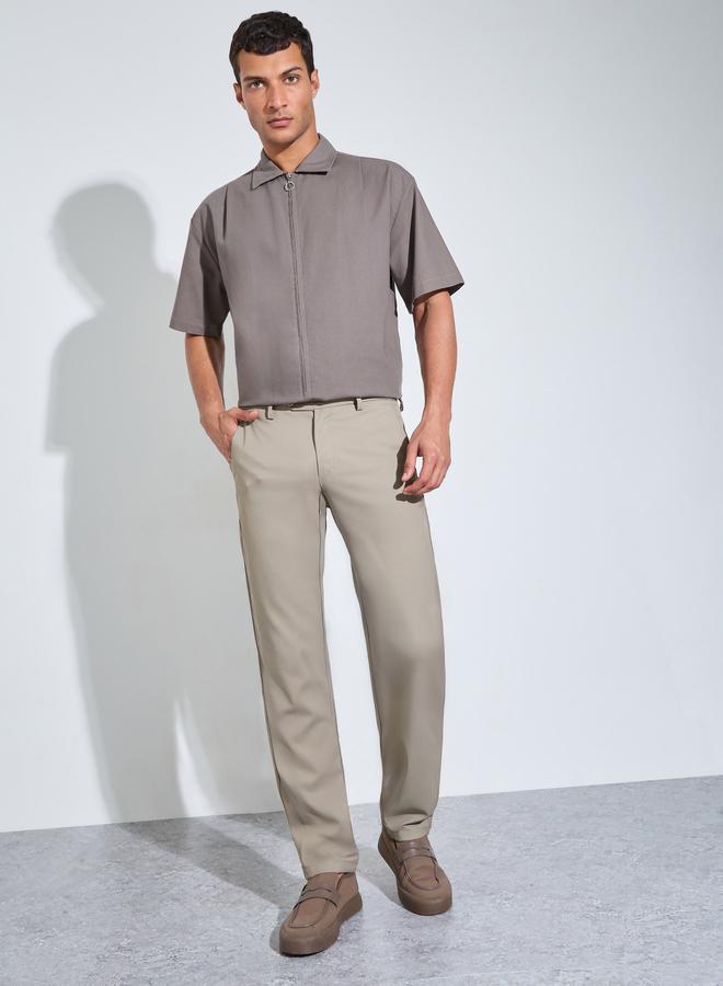 Styli Khaki Solid Slim Fit Stretch Formal Trousers - Image 2