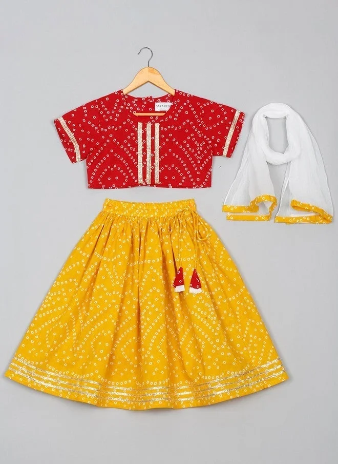 Saka Designs Red And Mustard Printed Lehenga Set For Girls