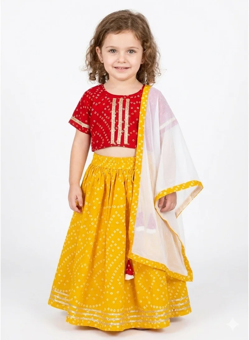Saka Designs Red And Mustard Printed Lehenga Set For Girls